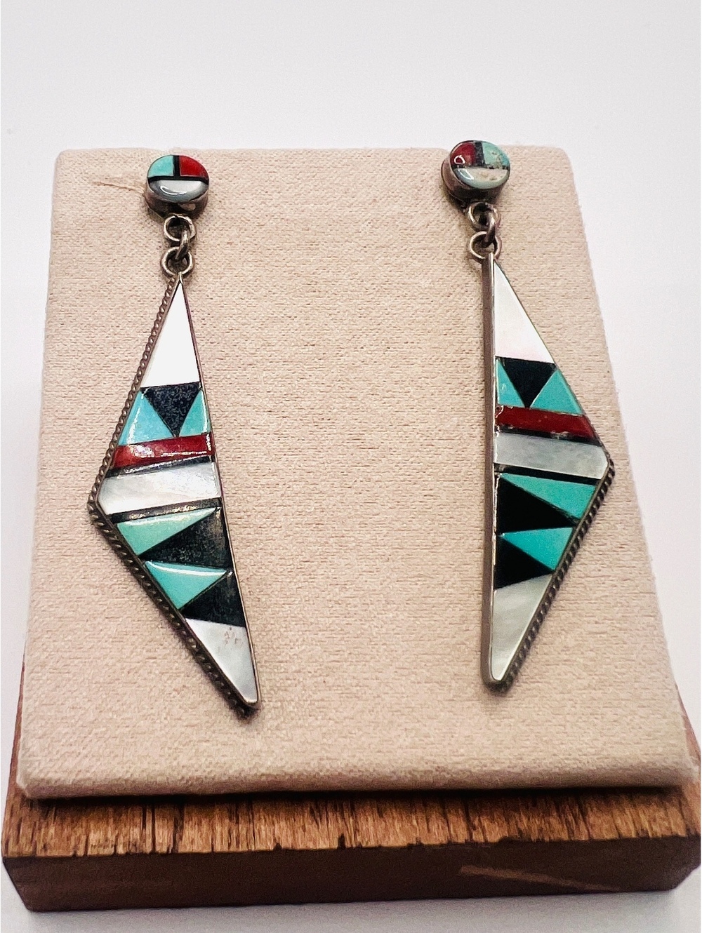 S Edaakie Zuni Sterling Silver Multistone Inlay Dangle Earrings